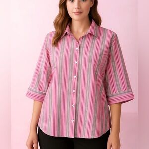 NWT! Rebecca Malone Striped Pink White Button Down Mid Sleeve Top Size 3X
